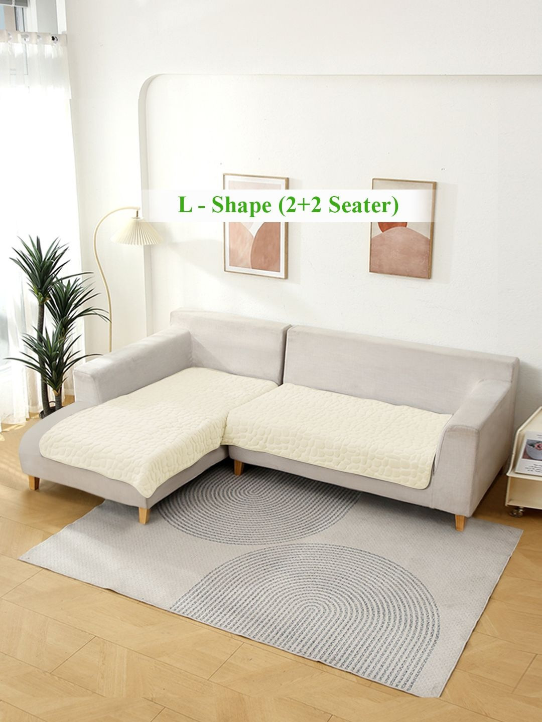 HOKIPO Bliss White 2 Pcs Premium Pebble Milk Velvet L Shape 4 Seater Sofa Cover Mats