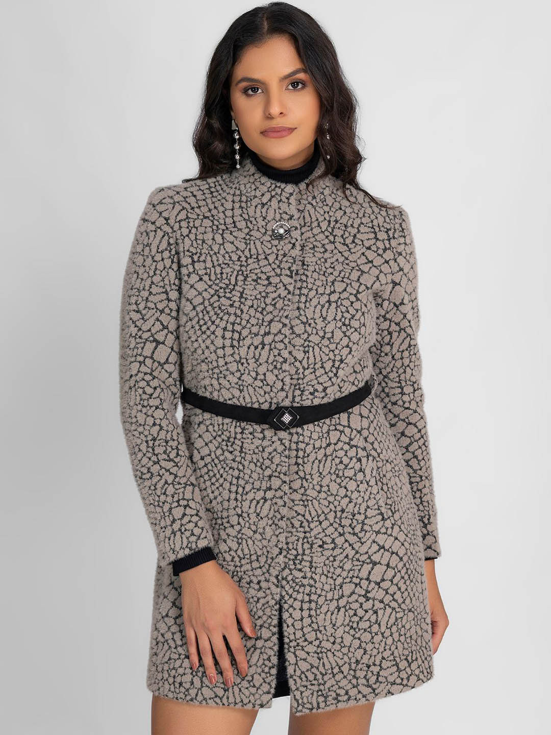 LURE URBAN Women Self Designed Long Sleeves Regular Fit Stand Collar Overcoat