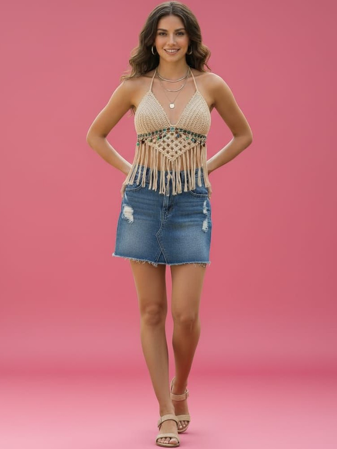 HIGH BUY Women Halter Neck Fringed Cotton Crochet Bralette Crop Top