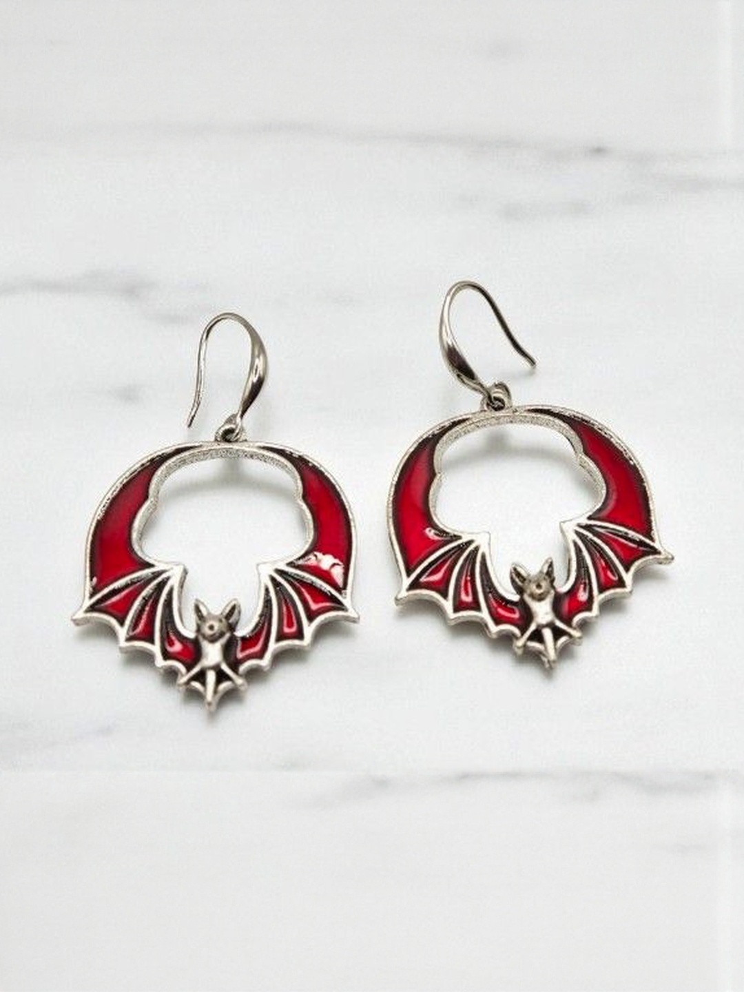 SAPRAA TRENDS Stainless Steel Silver-Plated BatMan Shaped Halloween Drop Earrings