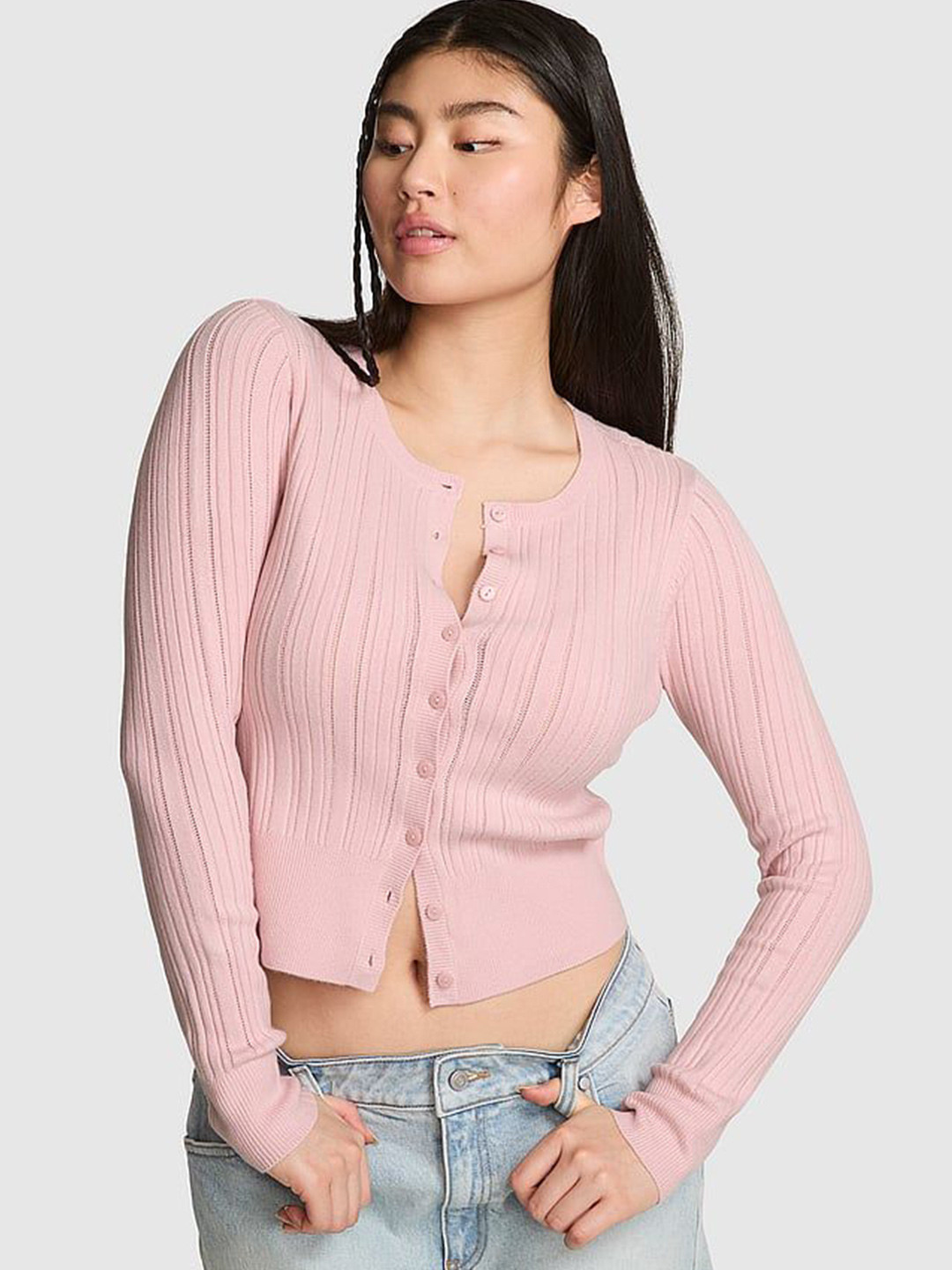 Victoria's Secret PINK Women Ribbed Knitted Cardigan With Button Closure