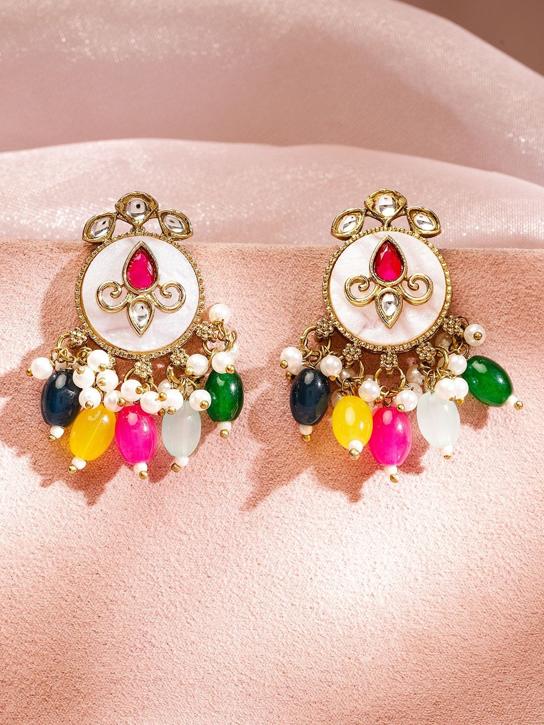 Rubans 22K Gold-Plated White & Red Kundan Drop Earrings with Pearls & Multicolor Beads