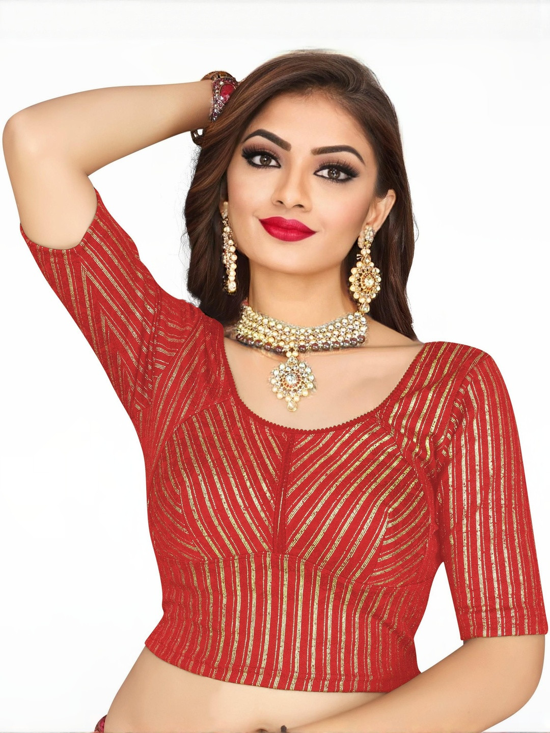 PU FASHION Women Half Sleeve Stripe Lycra Blouse