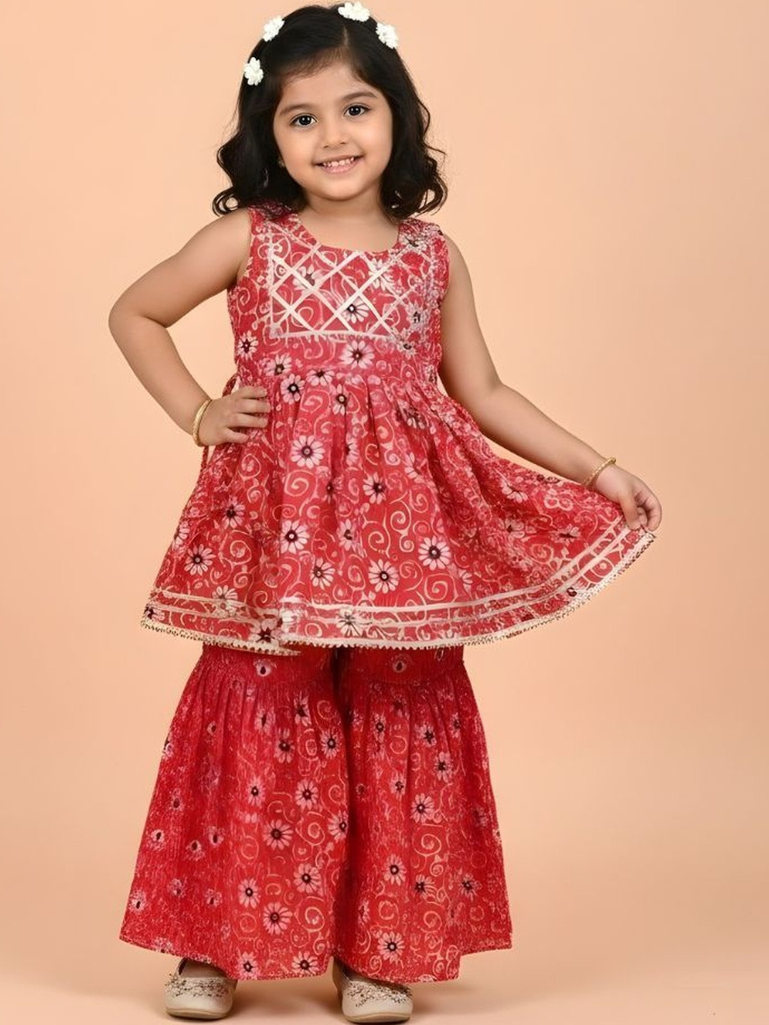 maroth hub Girls Floral Printed Round Neck Pleated A-Line Pure Cotton Kurta With Sharara