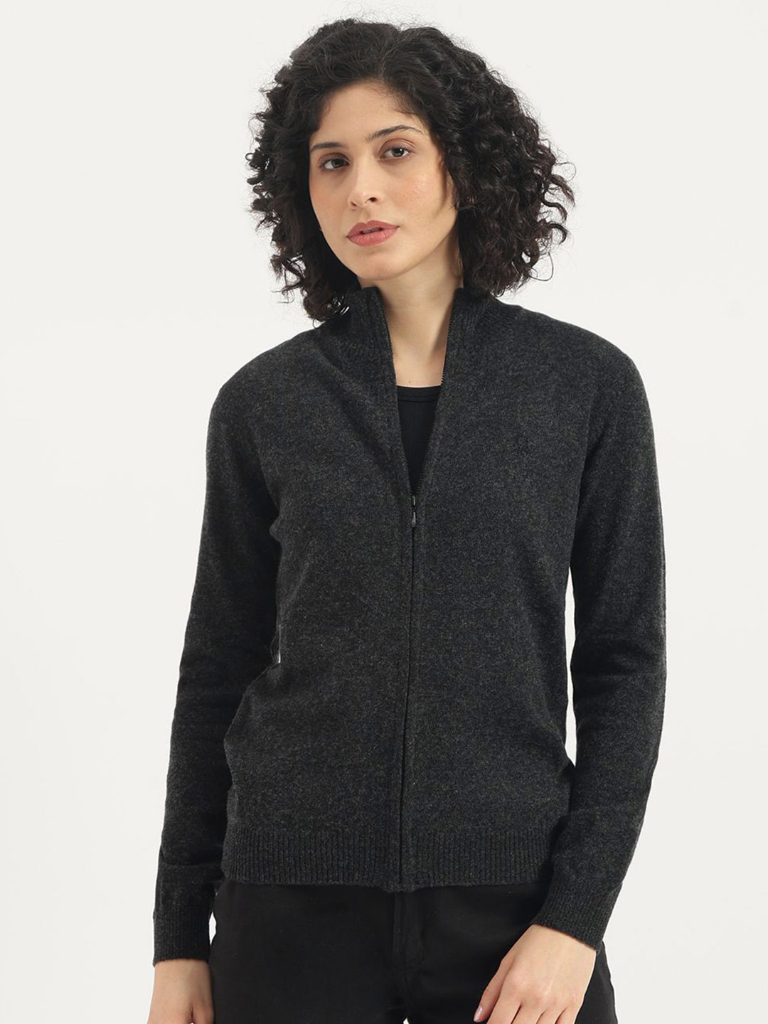 United Colors of Benetton Women Mock Neck Woollen Zipper Cardigan