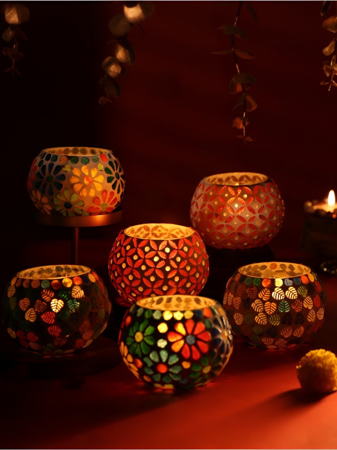 Floweraura White & Red 6 Peices Mosaic Glass Votive Tealight Candle Holders