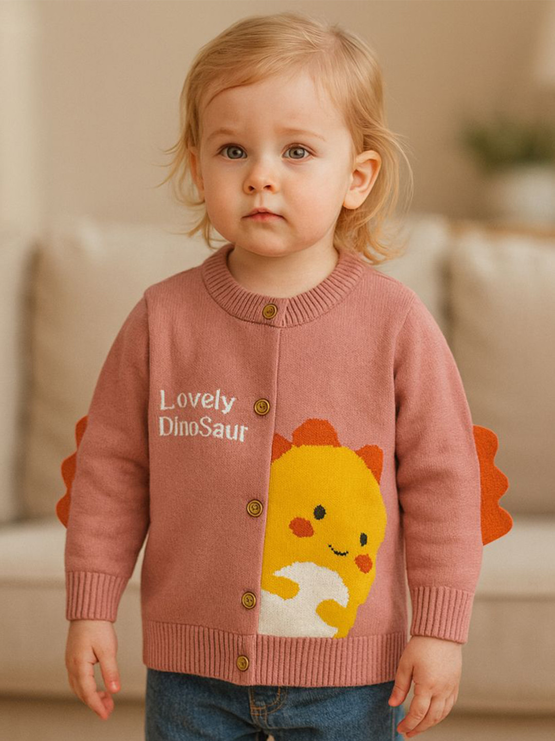 Bold N Elegant Kids Self Design Long Sleeves Round Neck Cardigan with Applique Detail