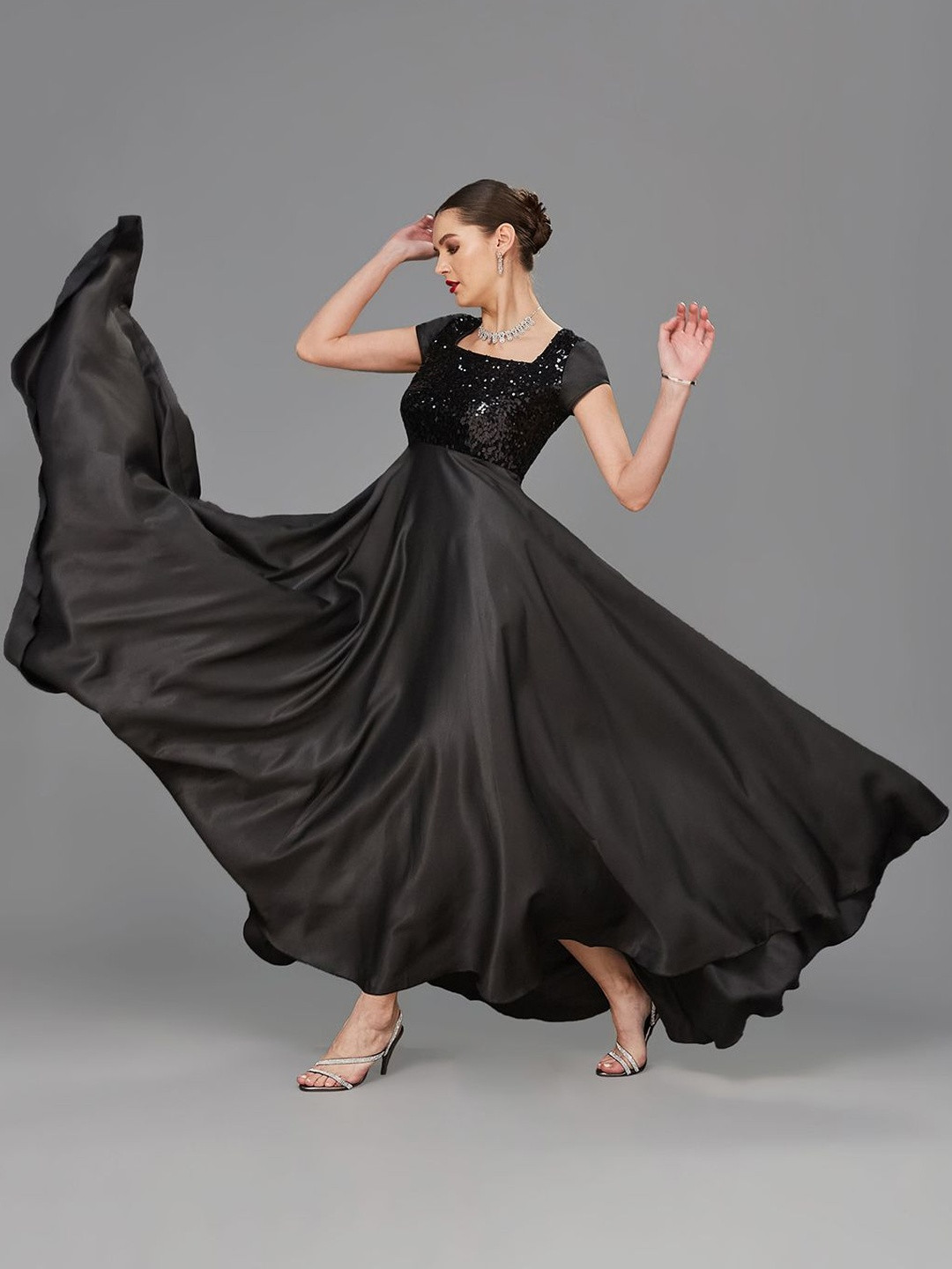 Women's Square Neck Short Sleeve Embellished Polyester Fit & Flare Maxi Dress