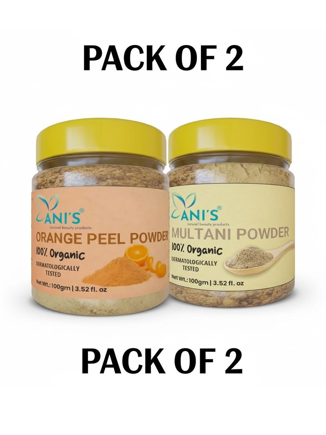 ANI'S Set Of 2 Organic Multani Mitti & Orange Peel Powder For Face And Hair - 100 g Each