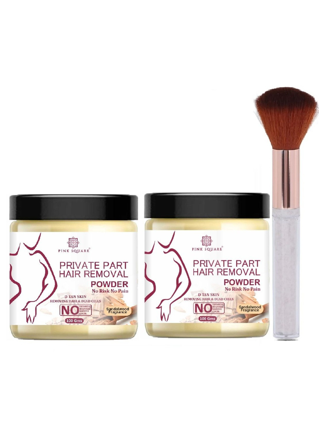 Pink Square Set Of 2 Bikini Hair Removal Powder With Brush - Sandalwood - 100 g Each