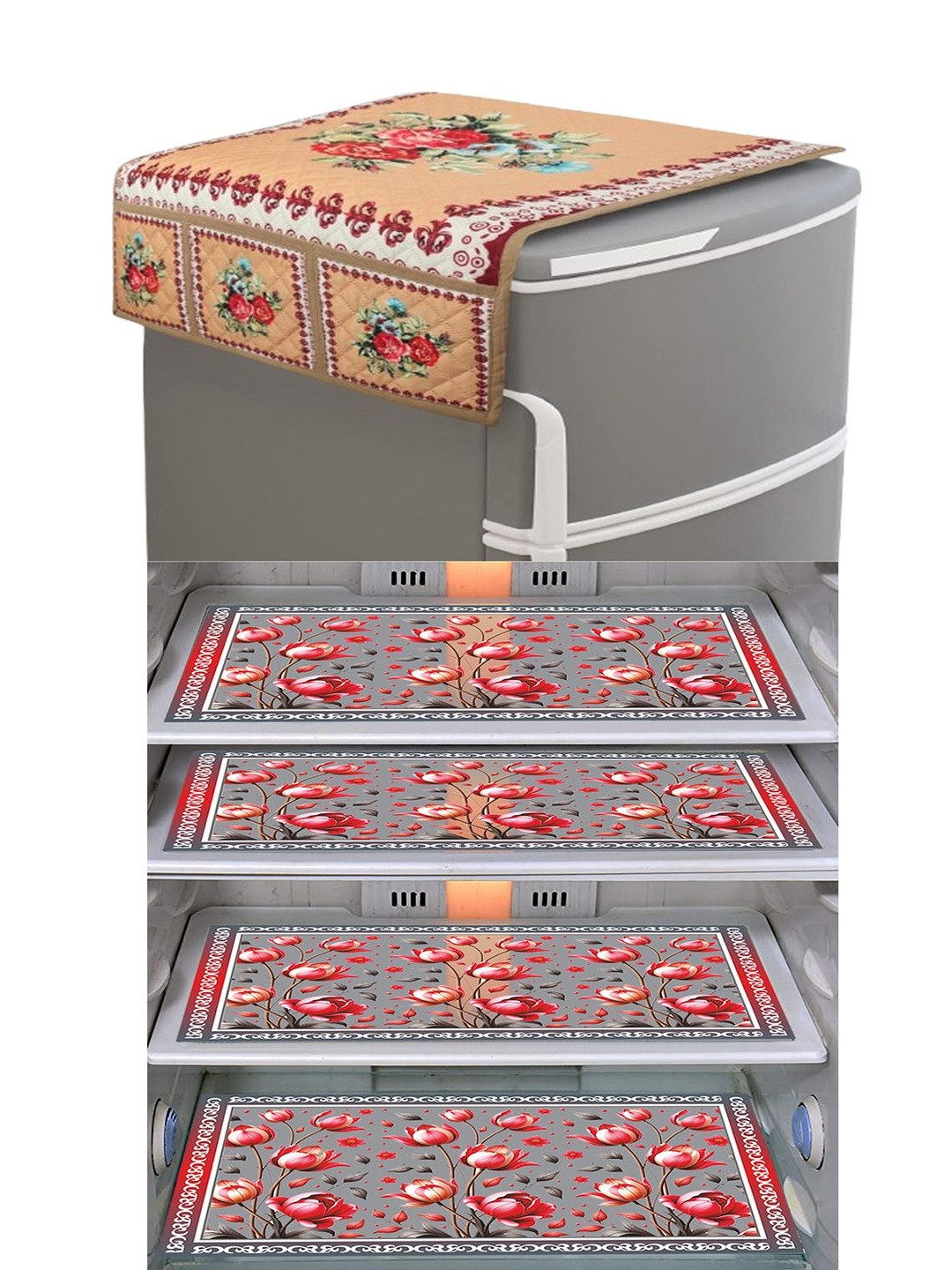 LooMantha Beige 5 Pieces Floral Printed Refrigerator Cover & Fridge Mats
