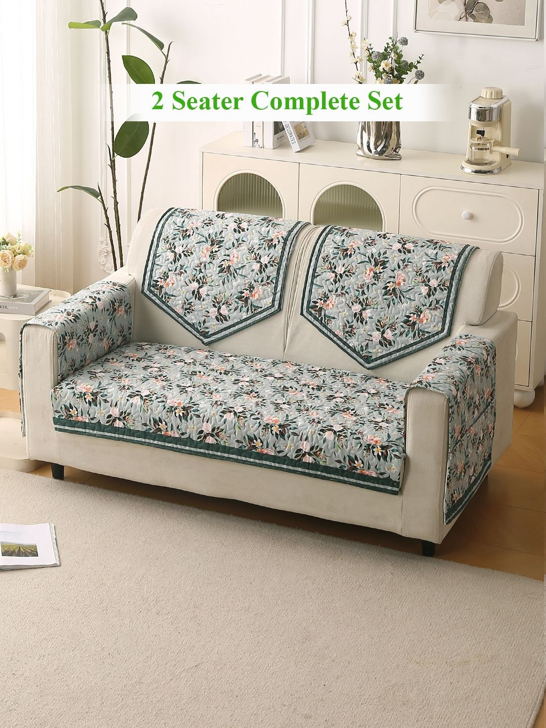 HOKIPO Florentina Series Magnolia Green & Grey 5 Pc 2 Seater Complete Sofa Cover Set