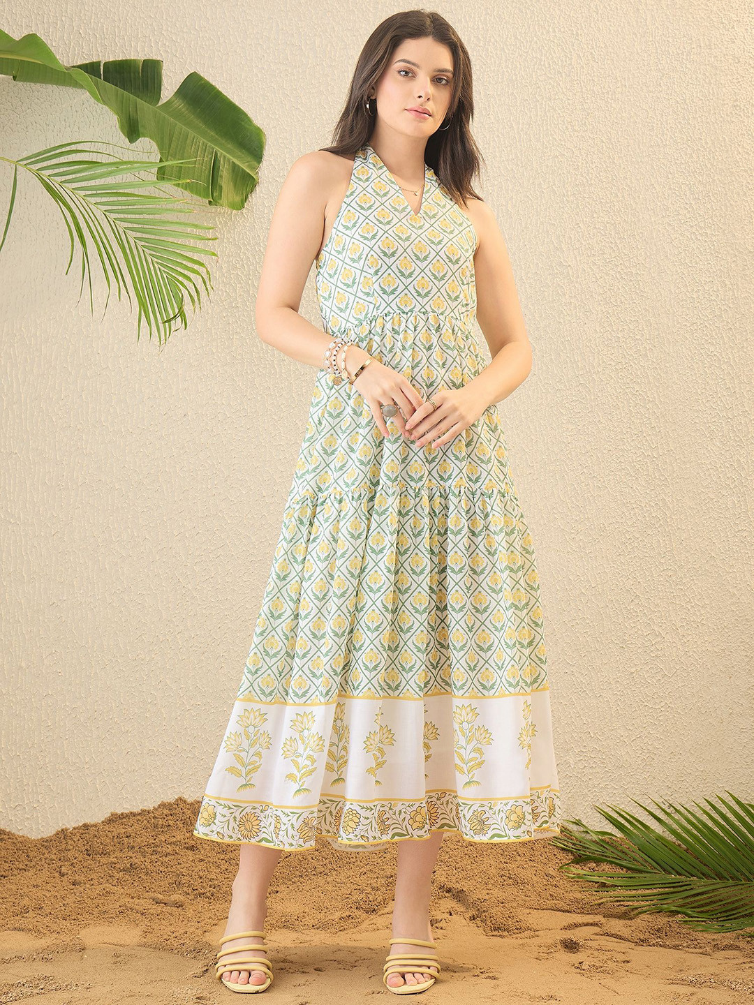 OCTICS Women Floral Printed Halter Neck Backless Midi A-Line Dress