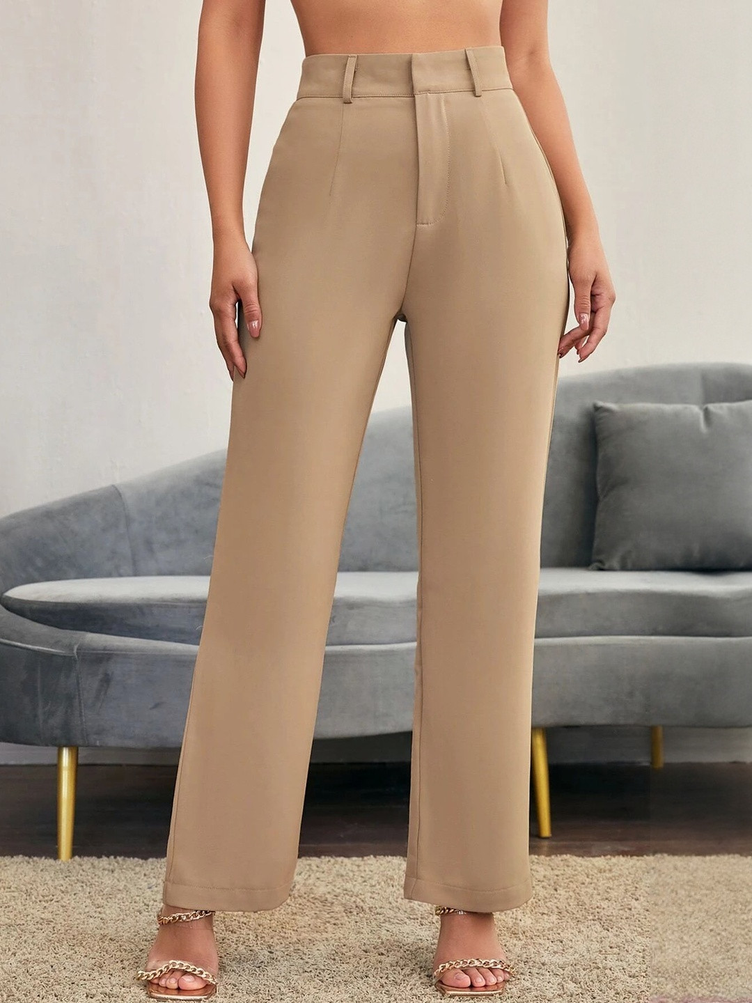 FNOCKS Women Solid Comfort High-Rise  Hook and Bar Pleated Regular Fit Trouser