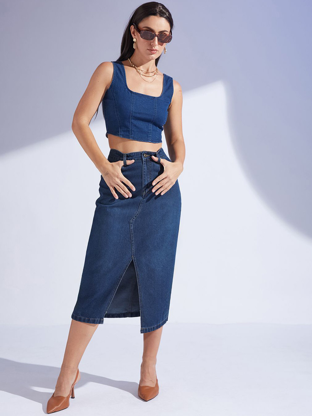 Miss Chase Women's A-Line High-Rise Clean-Look Non-stretchable Denim Midi Skirt