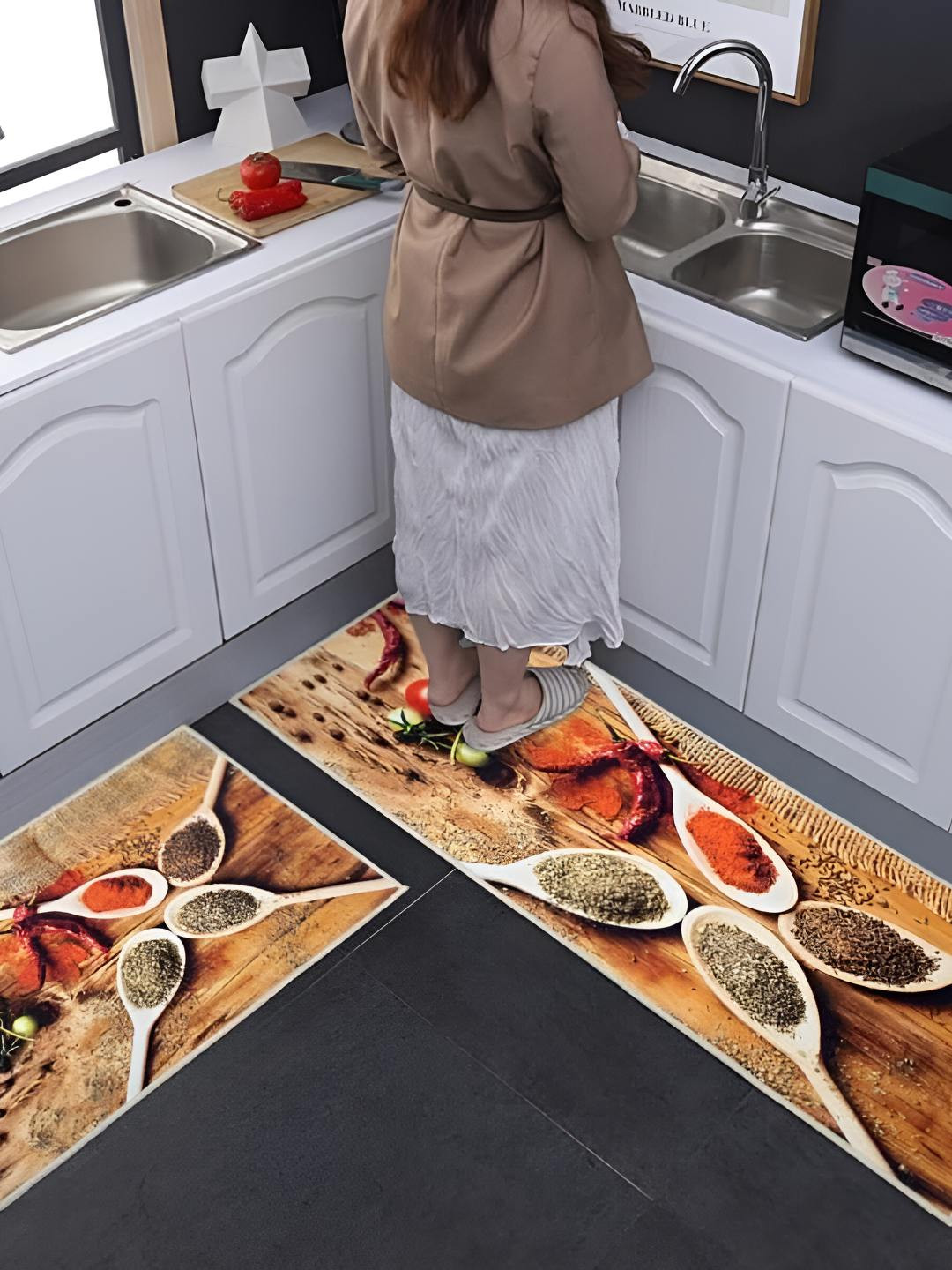 FAVRIA Brown & Red 2 Pieces Printed Waterproof Anti-Skid Velvet Kitchen Mats