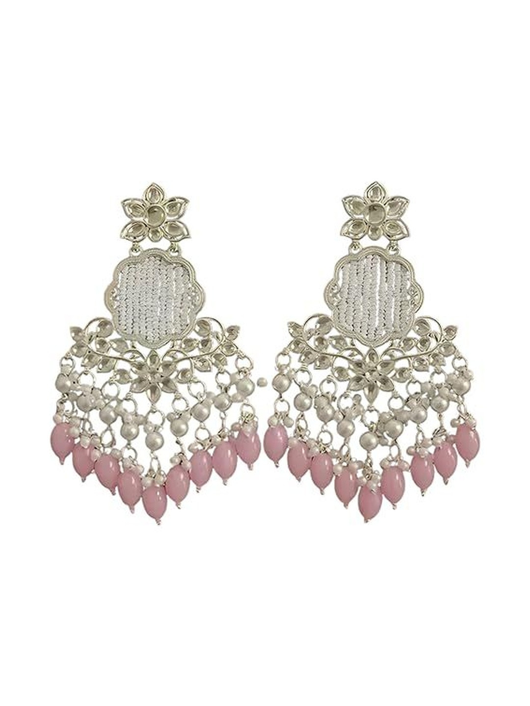 TESSARA Silver-Plated Artificial Stones Studded And Beaded Floral Shaped Drop Earrings