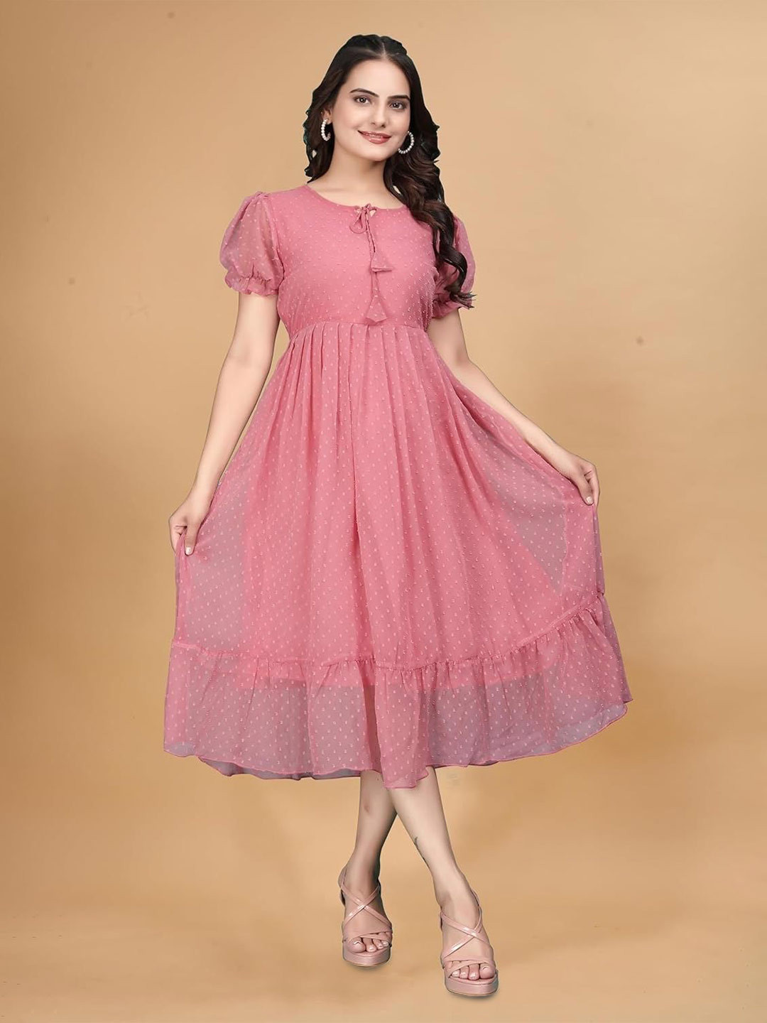 Sash Women Tie-Up Neck Puff Sleeve Tiered Pleated Detail Fit & Flare Midi Dress