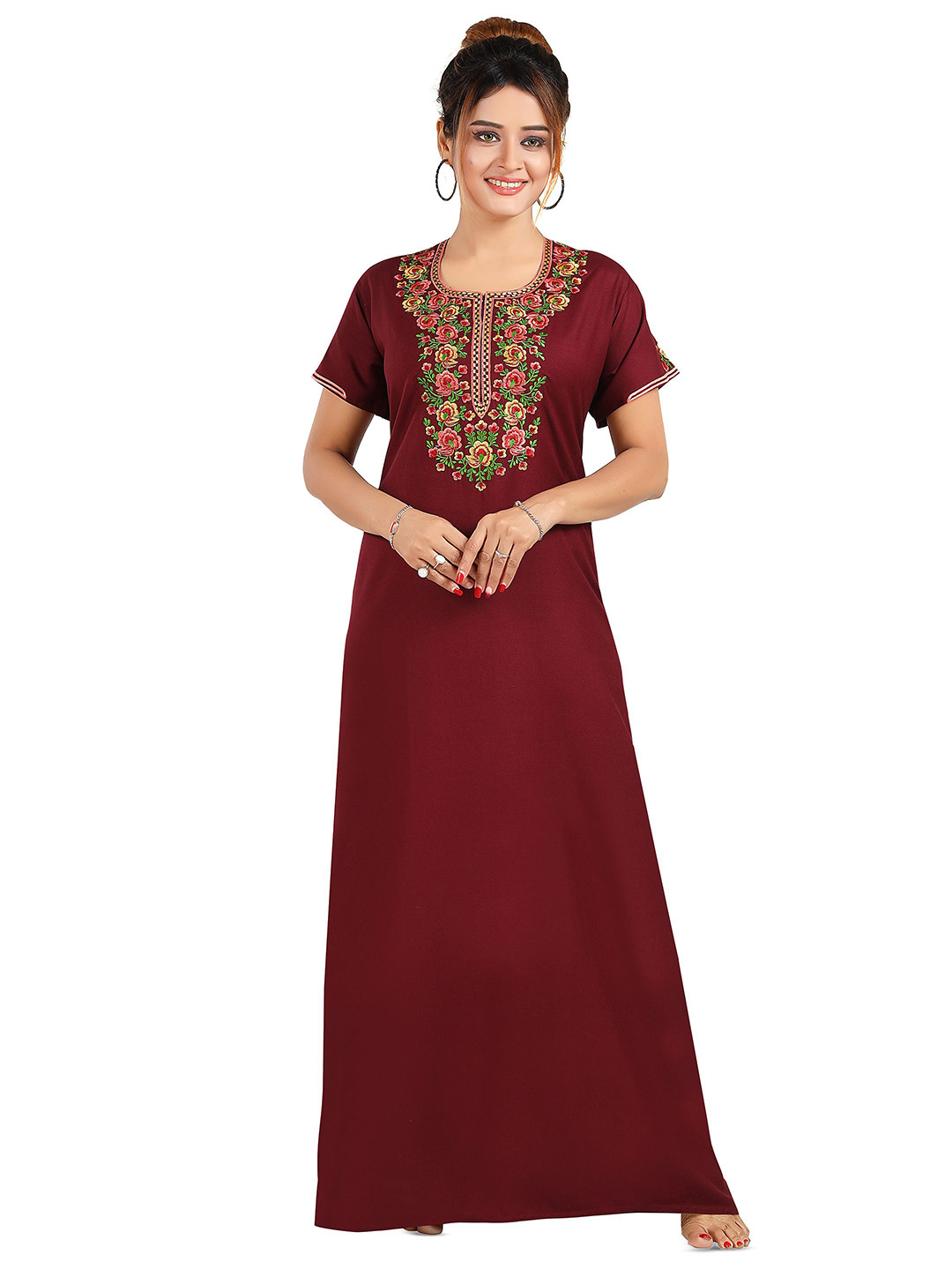 Cloud Soft Women Floral Embroidered Maxi Nightdress