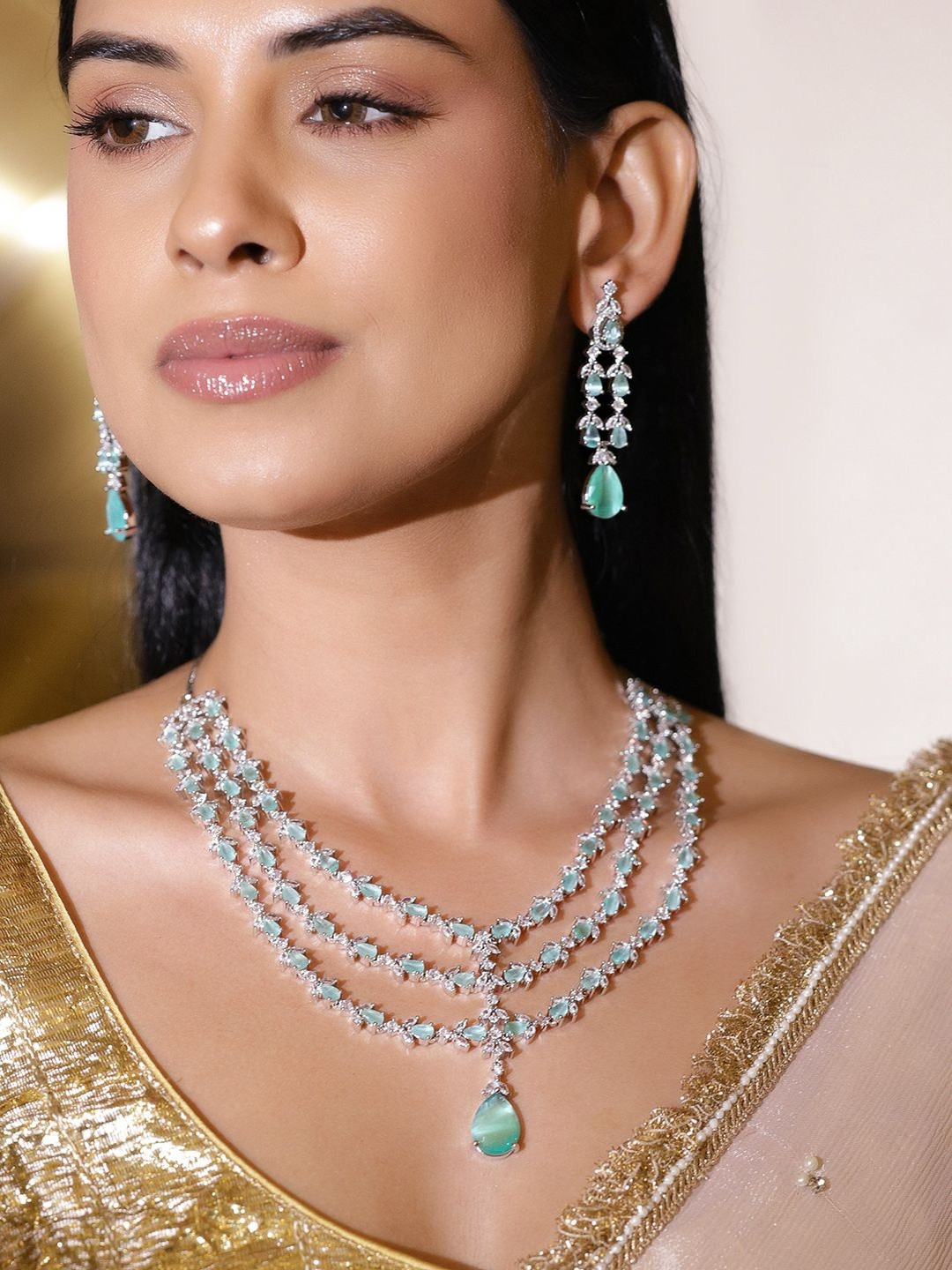 Rubans Rhodium-Plated Pastel Green & Cubic Zirconia Layer Teardrop Statement Necklace Set