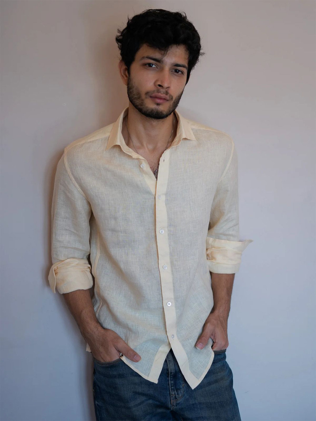 STAN EDITION Men Classic Tailored Fit Solid Spread Collar Linen 70 Lea Casual Shirt