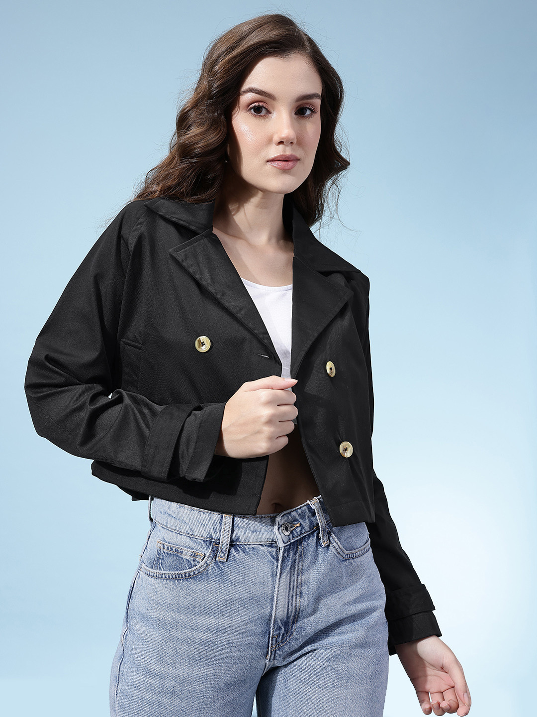 glitchez Notched Lapel Double-Breasted Crop Lightweight Trench Blazer