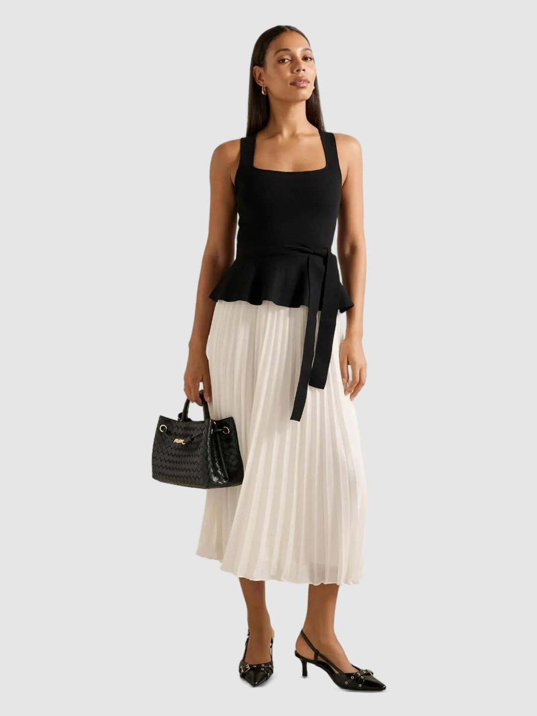 Forever New Women Colourblocked Belted Sleeveless Peony Pleat Mixed Fit and Flare Dress