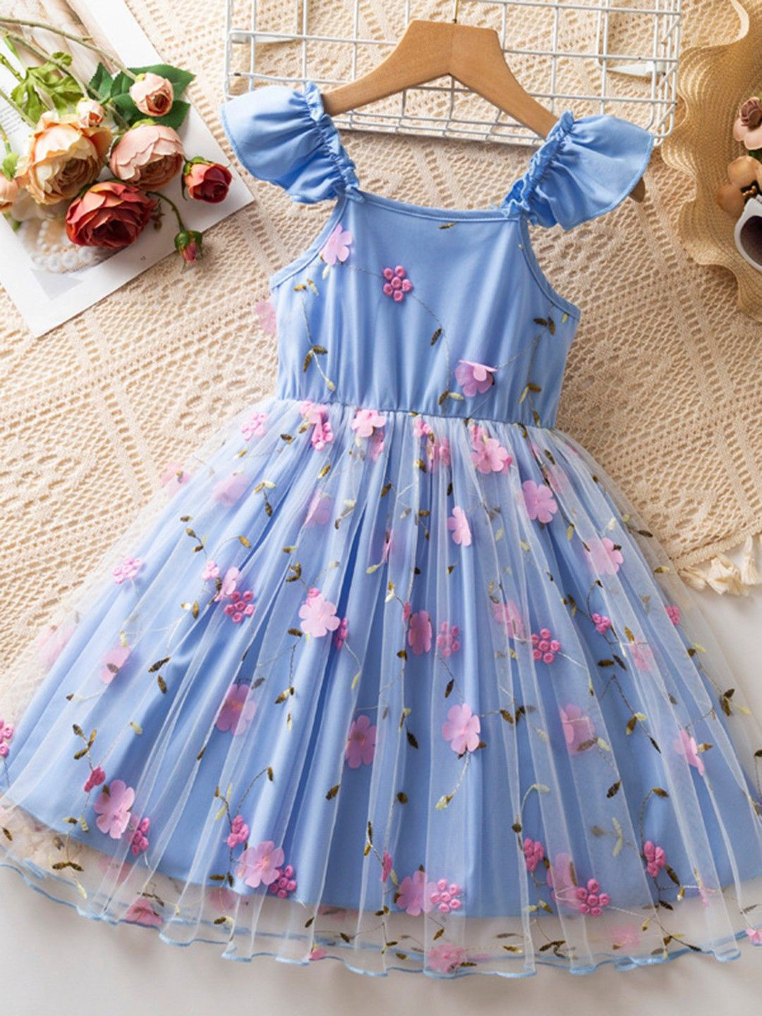 YK Girls Floral Applique Detail Fit & Flare Dress