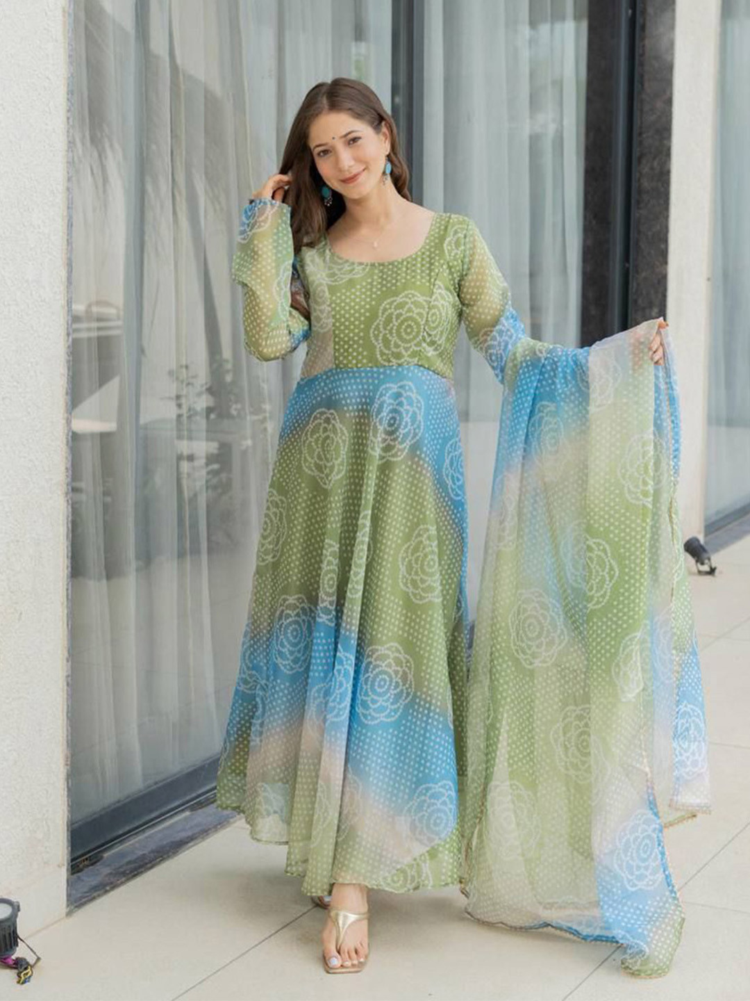 Yara Creation  Printed Cotton Fit and Flare Maxi Ethnic Dress Comes with a Dupatta