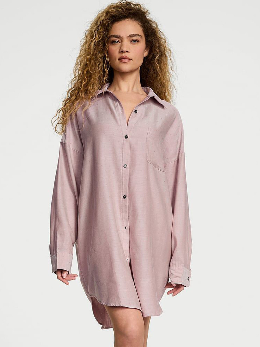 Victoria's Secret Women Solid Long Sleeves Shirt Dress Nightdress