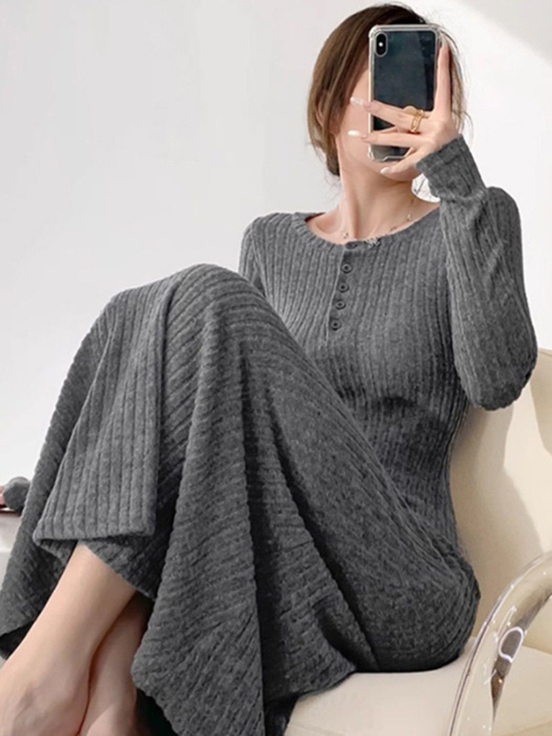 HERE&NOW Women Self Design Ribbed A-Line Midi Dress