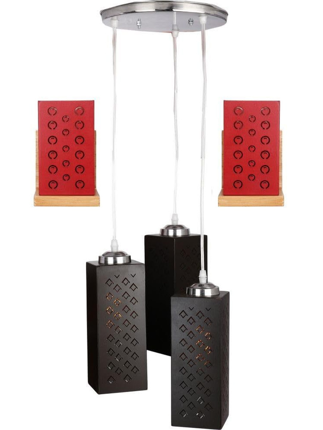 SOMIL Red & Black 3 Pieces Textured Metal Rectangle Shaped Wall & Ceiling Lamp Combo