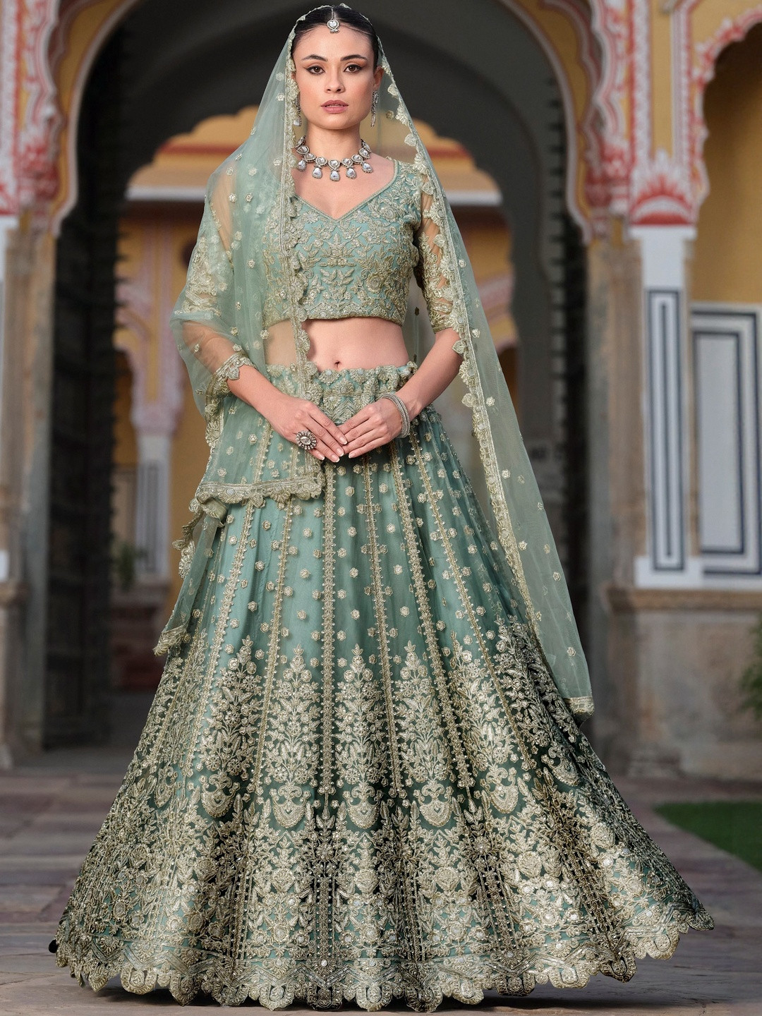 FABPIXEL Floral Embroidered Net Semi-Stitched Lehenga & Unstitched Blouse With Dupatta