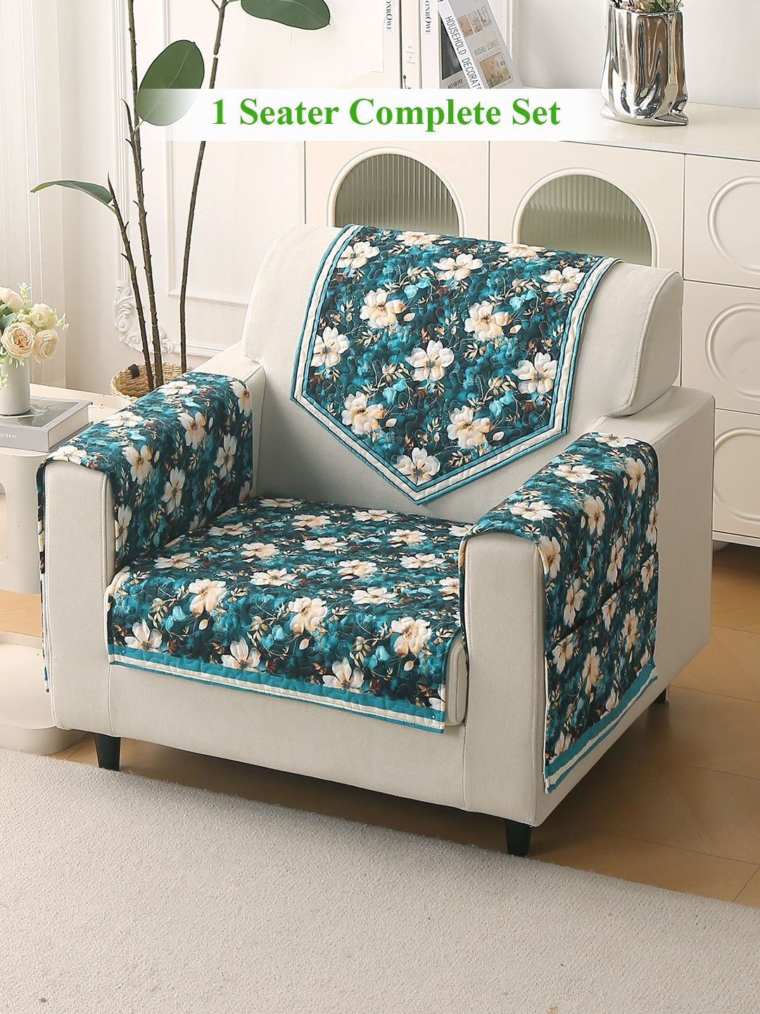 HOKIPO Florentina Series Pansies Teal & White 4 Pc 1 Seater Complete Sofa Cover Set