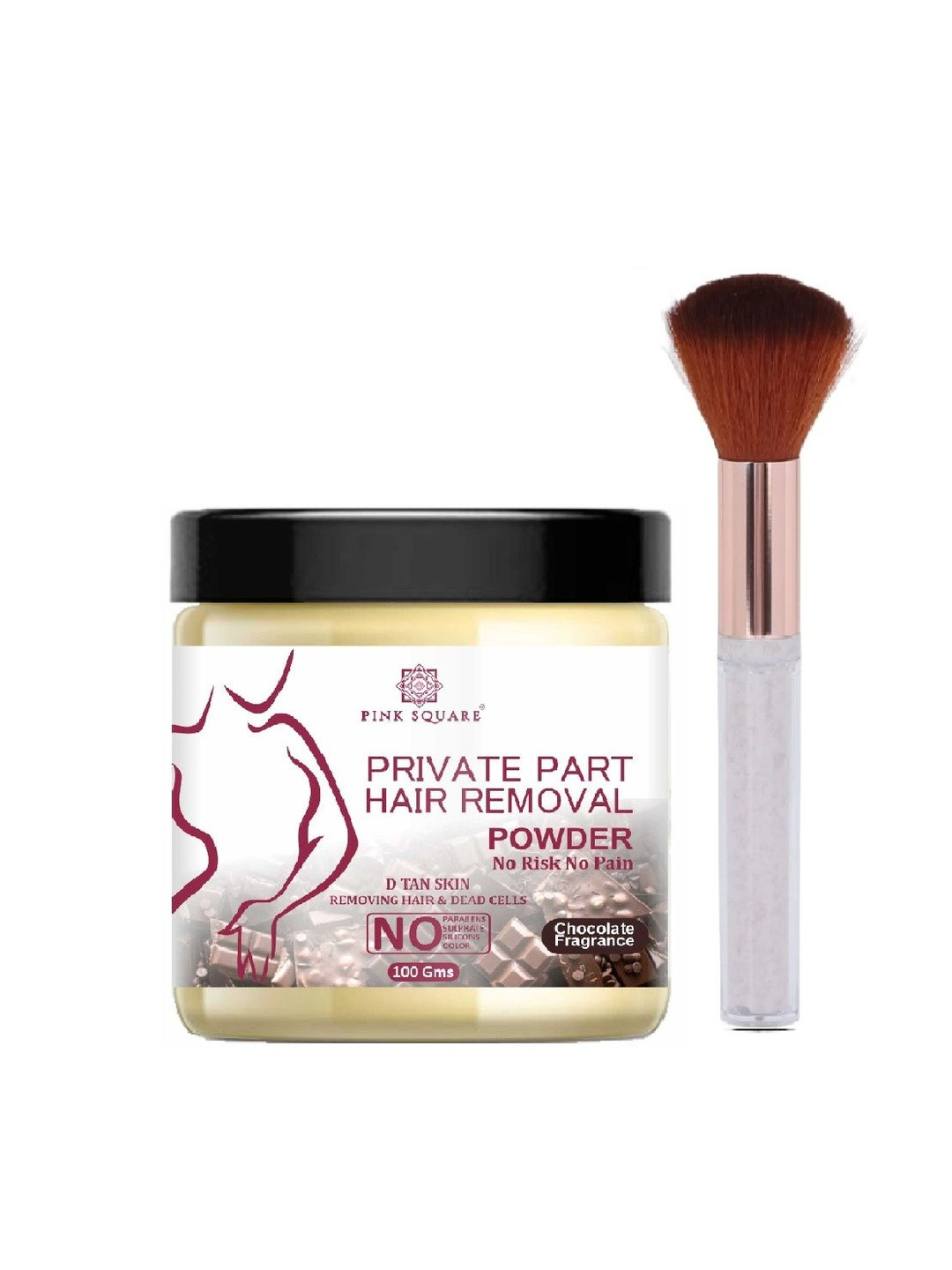 Pink Square Bikini Hair Removal Powder With Brush - Chocolate - 100 g