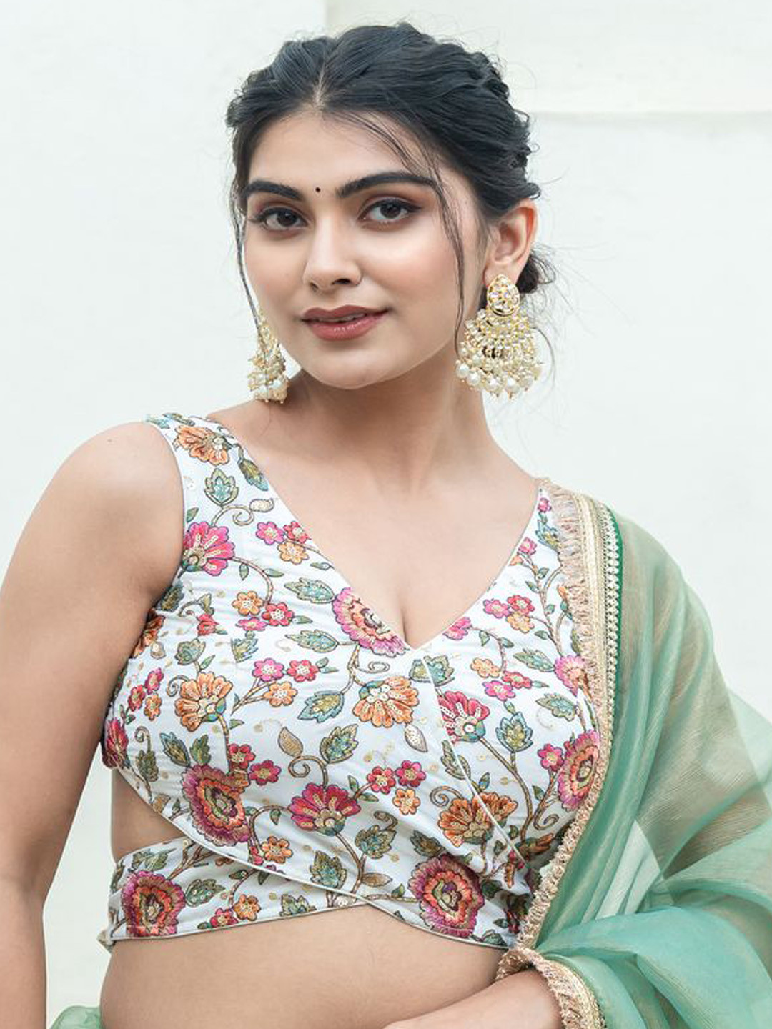 Amodini Designer Studio Women Embroidered V Neck Wrap-Style Saree Blouse