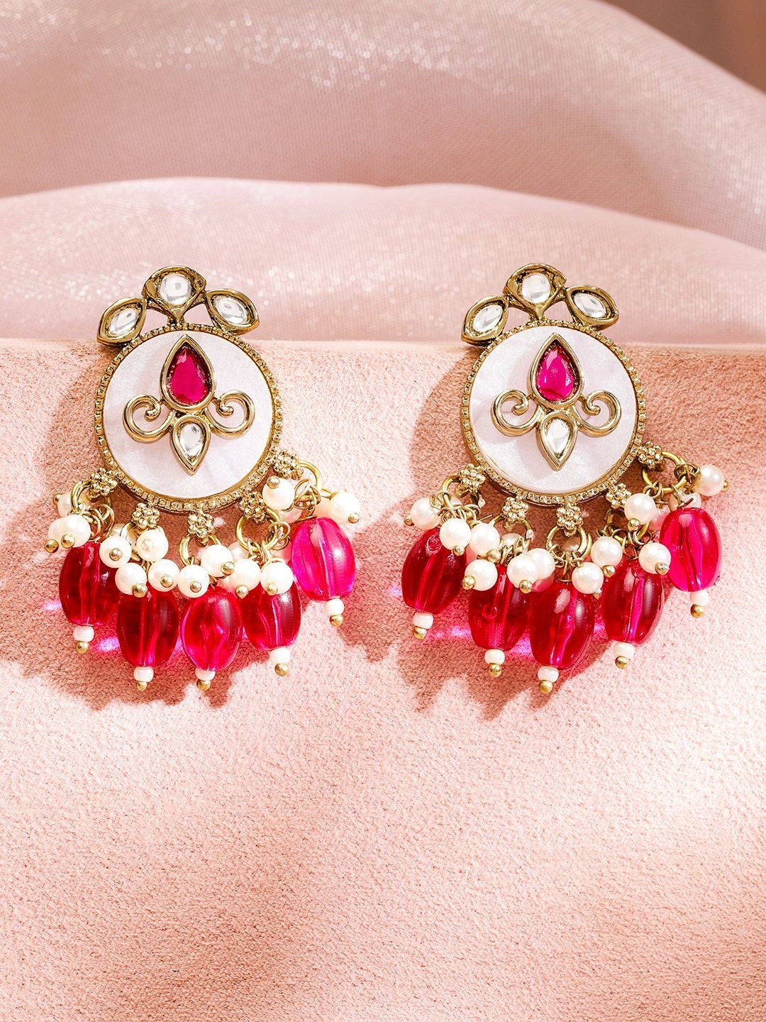 Rubans 22K Gold-Plated White & Ruby Pink Kundan Drop Earrings with Pearl & Ruby Pink Beads