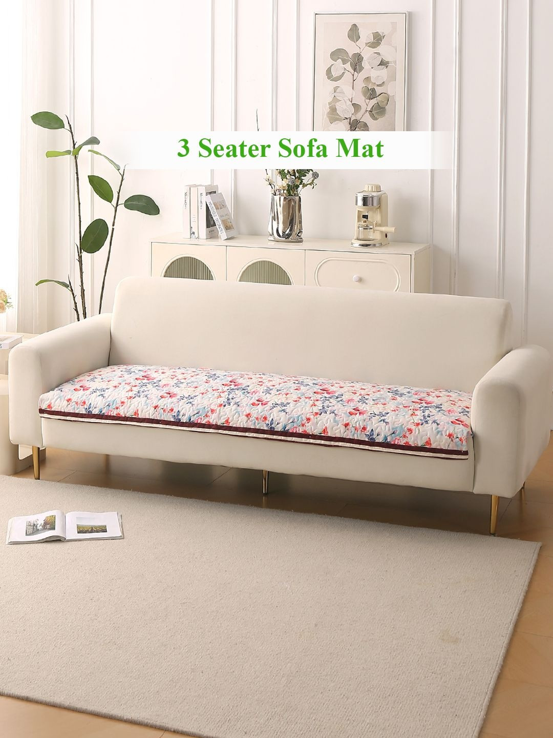 HOKIPO Florentina Series Scarlet Rose Ivory Printed Holland Velvet 3 Seater Sofa Cover Mat