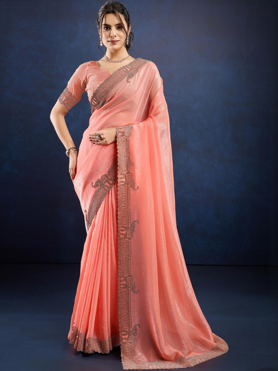 Smart Stree Embellished Embroidered Pure Chiffon Saree With An Unstitched Blouse Piece
