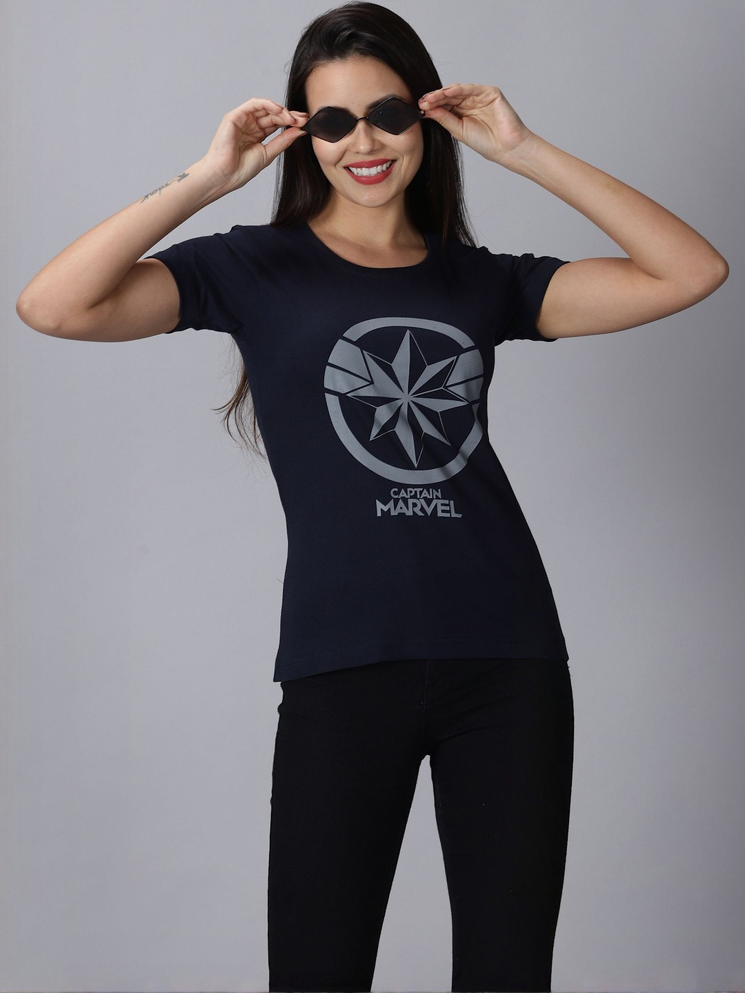 Y.O.U Women Captain Marvel Bio Finish Graphic Printed Pure Cotton Slim Fit T-shirt