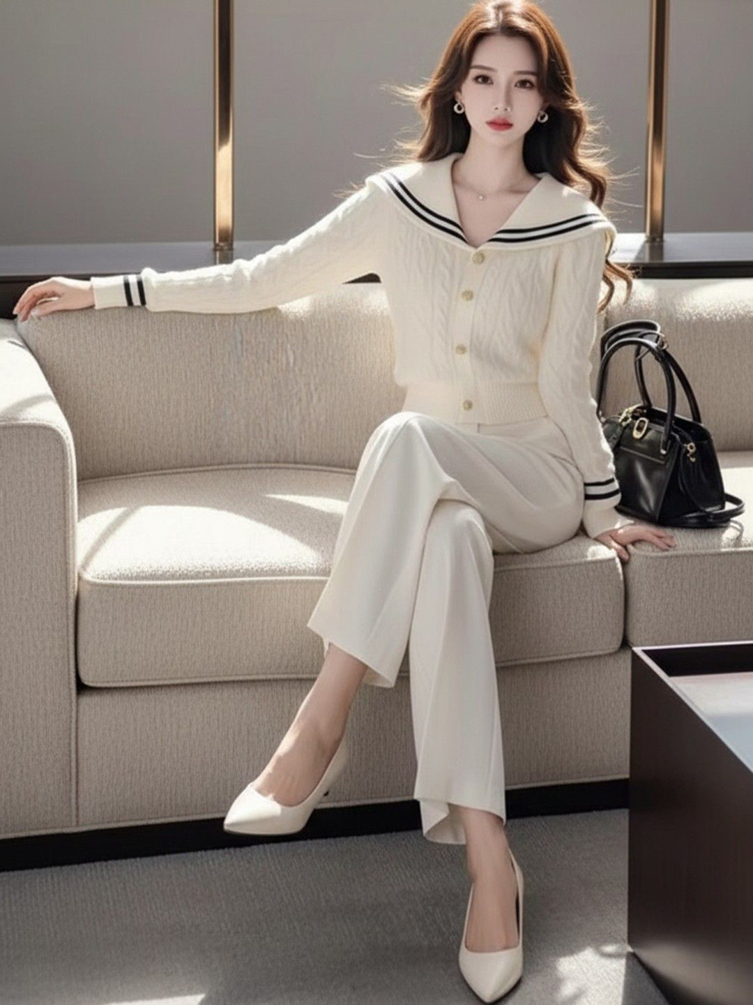 HERE&NOW Women Stripe Mock Collar Knitted Cardigan