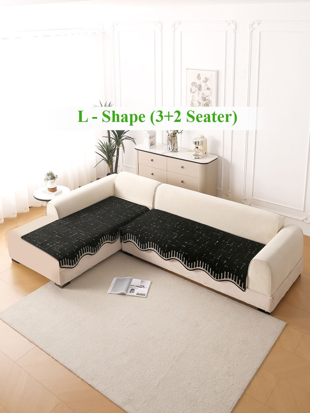 HOKIPO Black & Off White 2 Pieces Printed Plush L Shape 5 Seater Sofa Cover Seat Mat