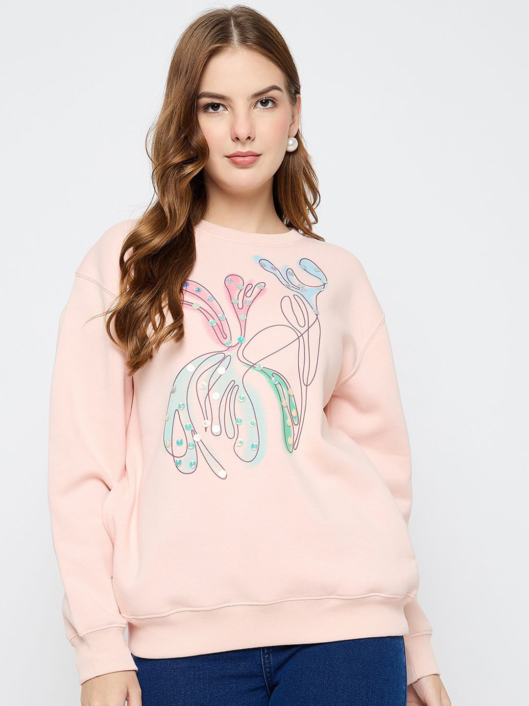 Madame Women Abstract Printed Round Neck Long Sleeves Ribbed Hemline Sweatshirt
