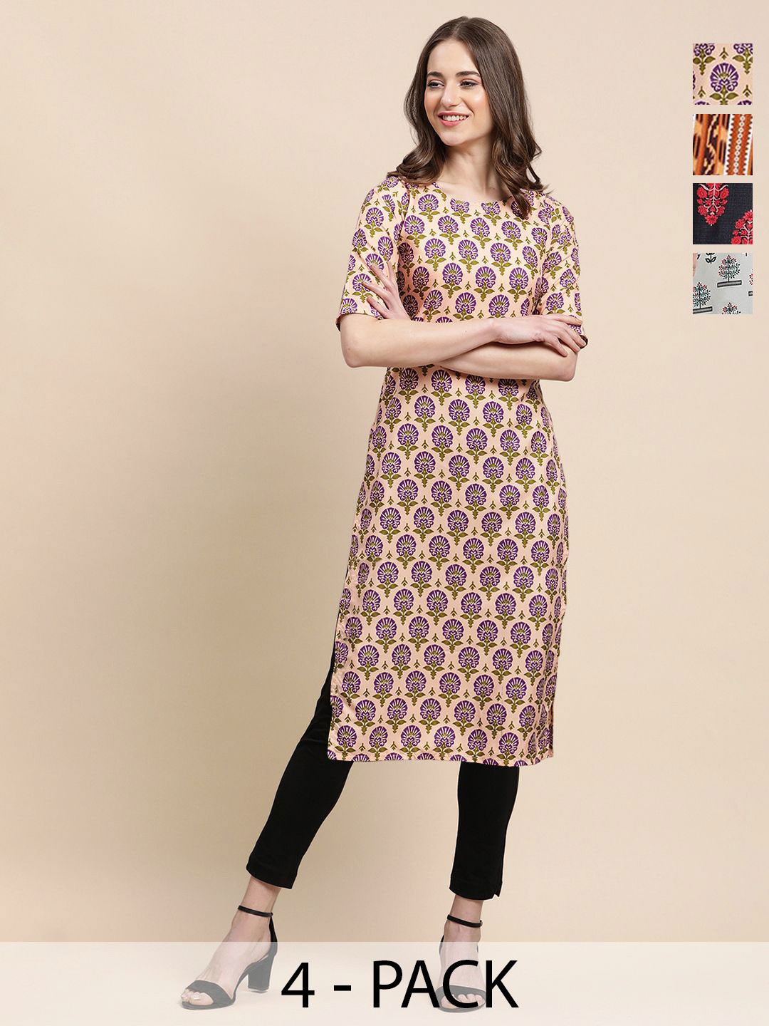 Ethnic basket Set Of 4 Ethnic Motifs Printed Round Neck A-Line Kurtas