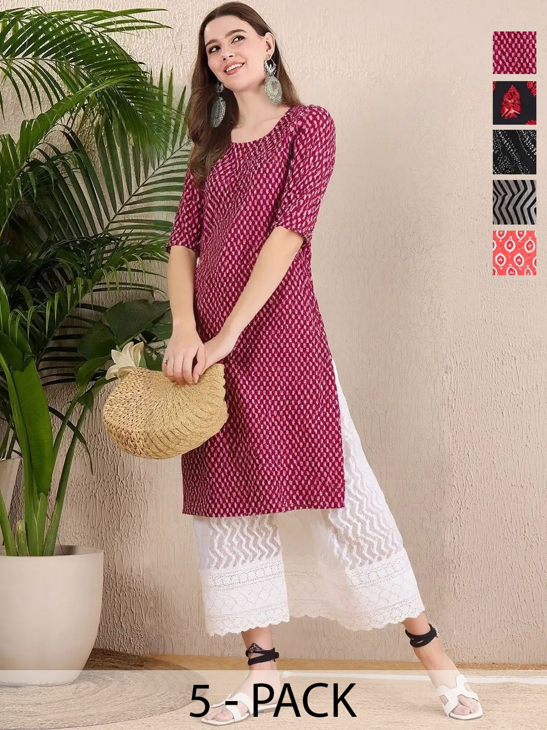 Ethnic basket Pack Of 5 Women Ethnic Motifs Printed Crepe Kurta