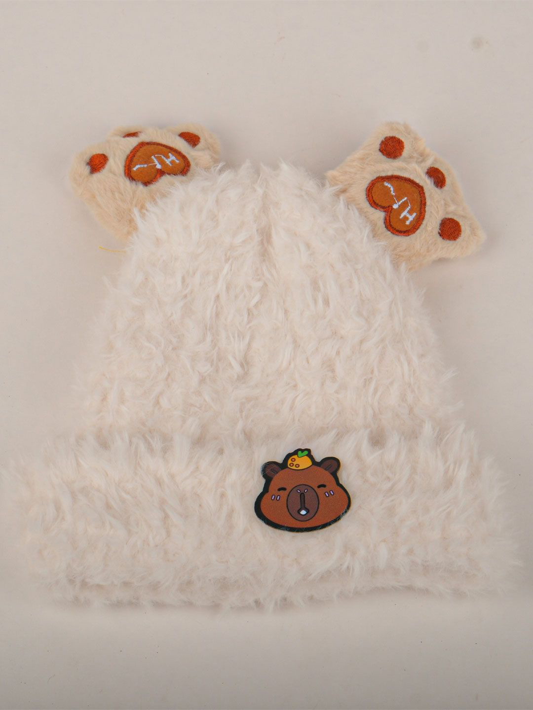 DukieKooky Kids Embroidered Fuzzy Bear Design Woollen Beanie