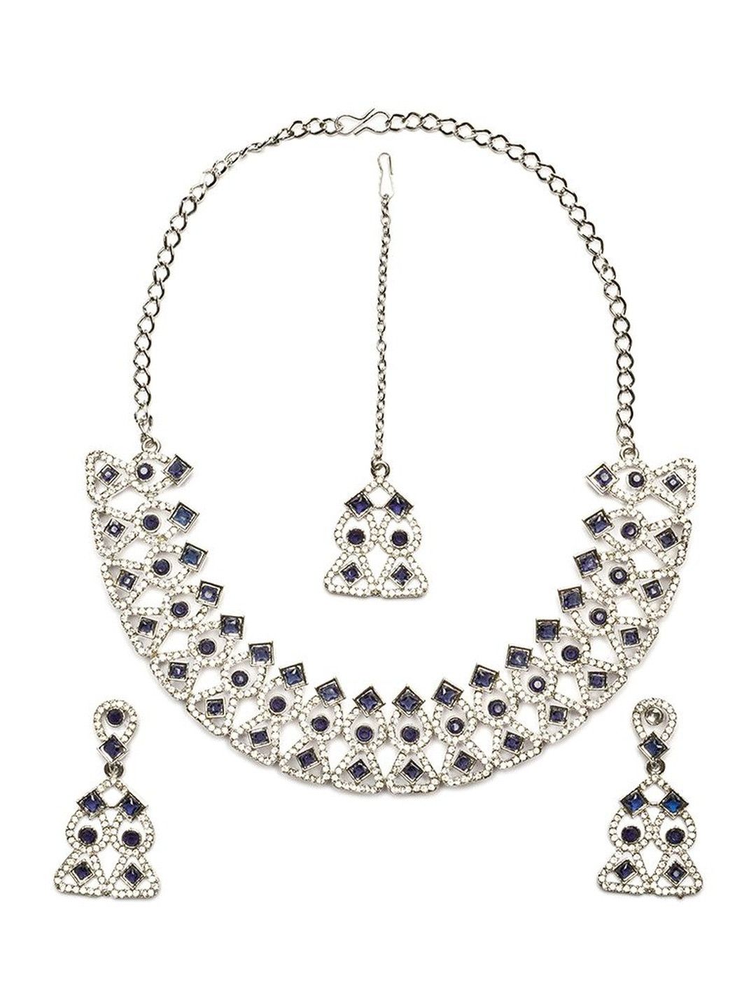 Kulin Silver-Plated Artificial Stones Necklace Set with Earrings and  Maang Tikka