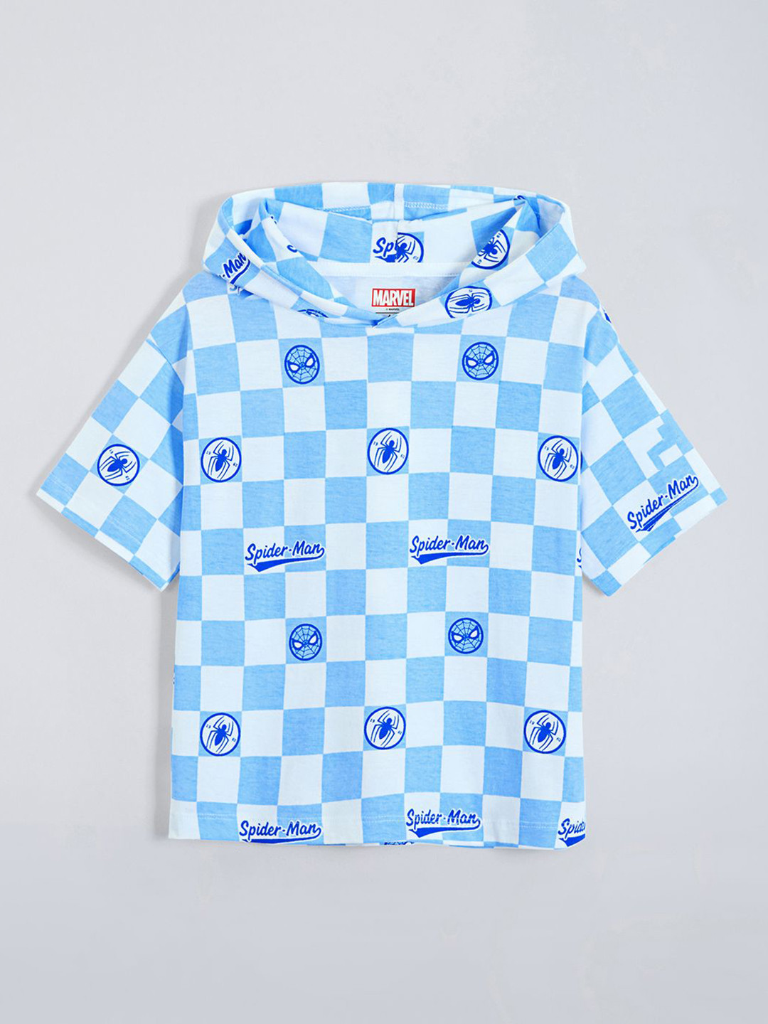 Hopscotch Boys Checkered Spider Man Cotton Hooded  Tshirts