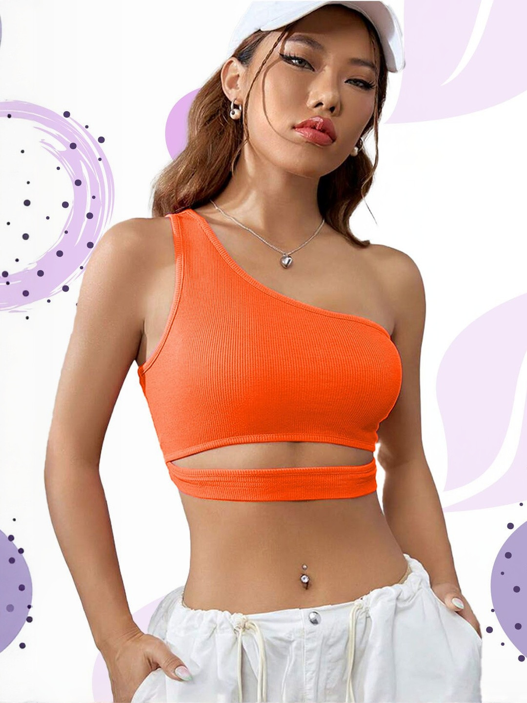 KIK33 Women Ribbed One Shoulder Crop Fitted Top