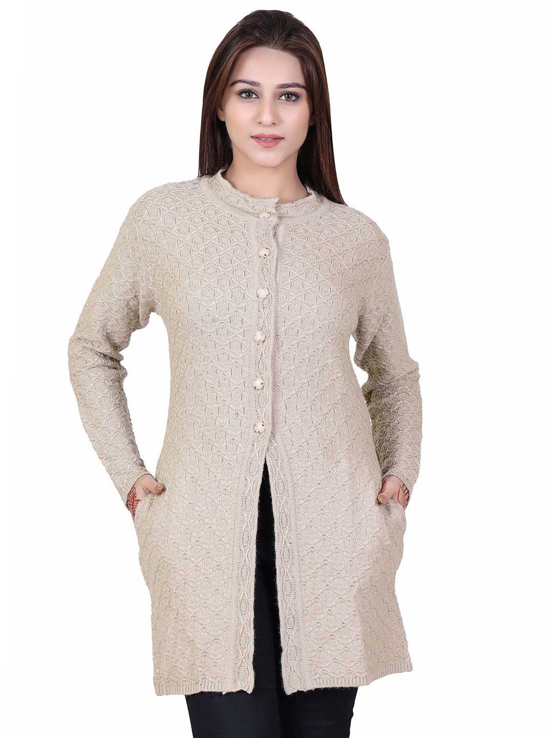 Ogarti Women Self Design Round Neck Full Sleeve Longline Cardigan